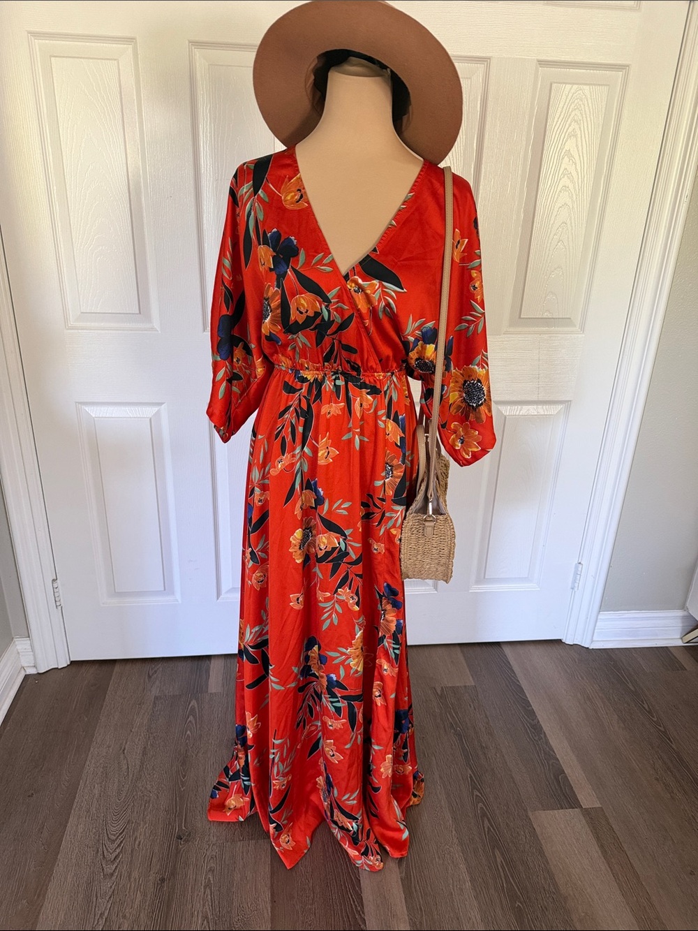 Floral Red Wrap-Style Maxi Dress with Elastic Waist